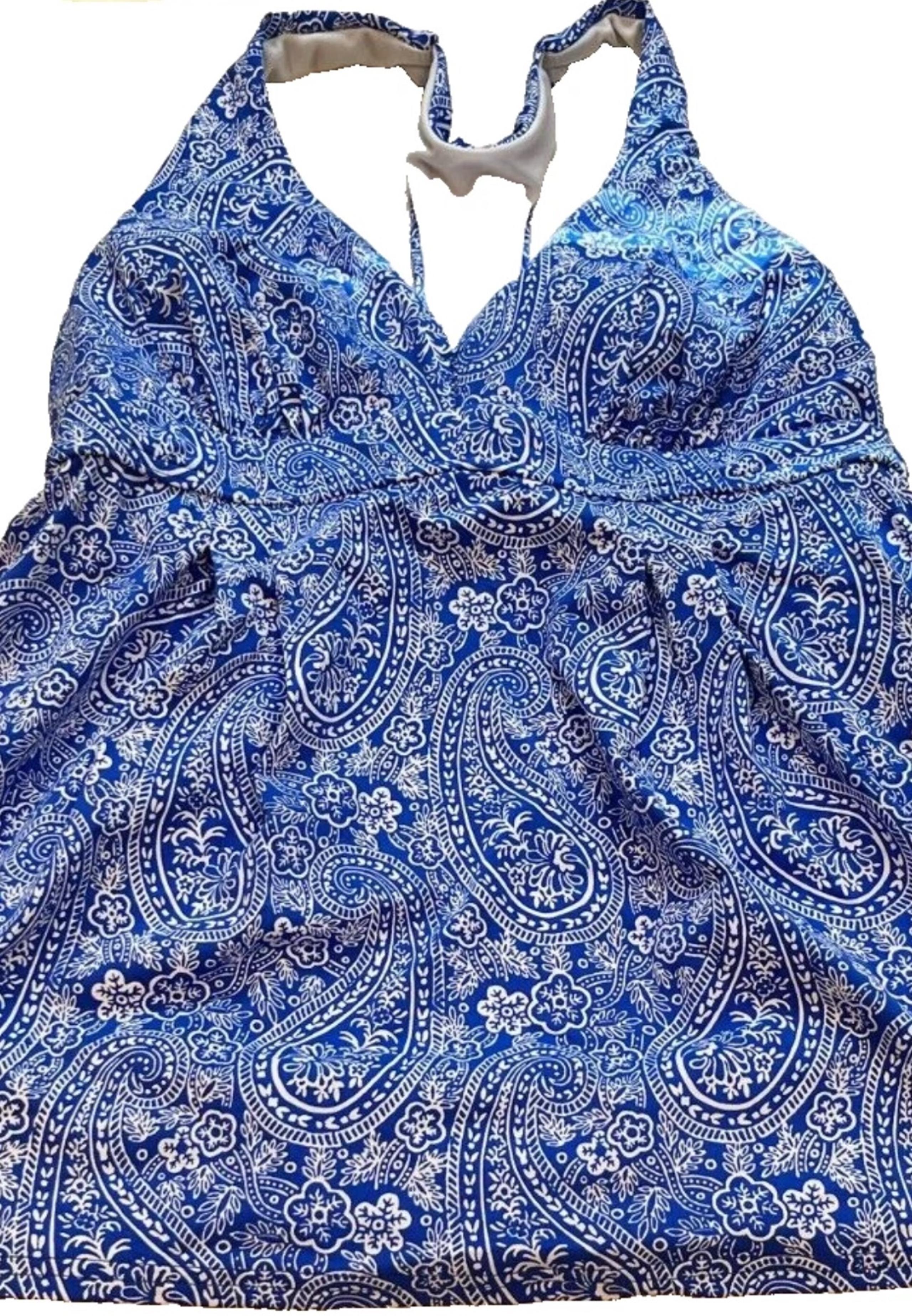 Lands End Blue Paisley Print Racerback V Neck Tankini Swimsuit Top Womens Sz 14