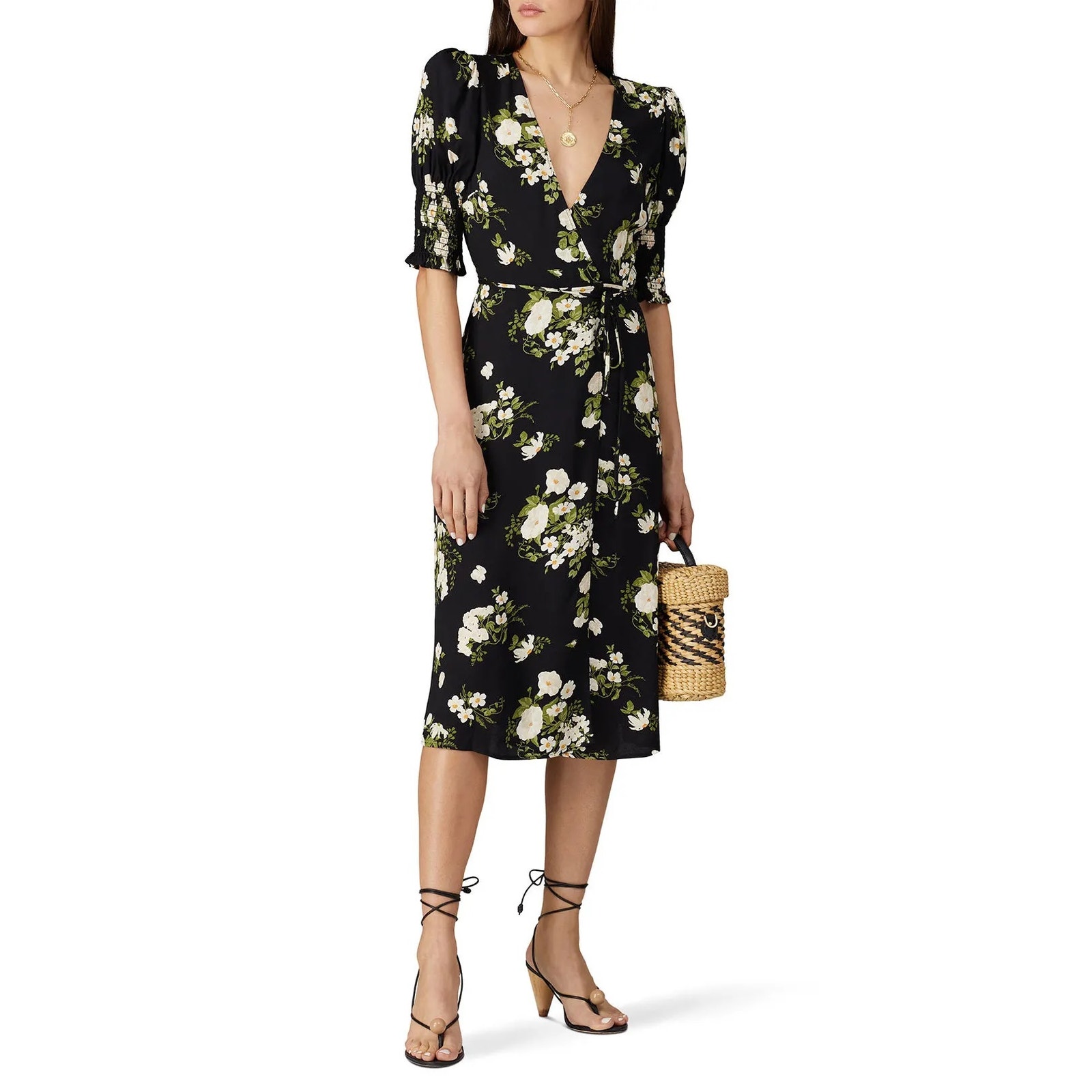 Reformation Esmerelda Black White Floral Wrap Dress, Small Medium
