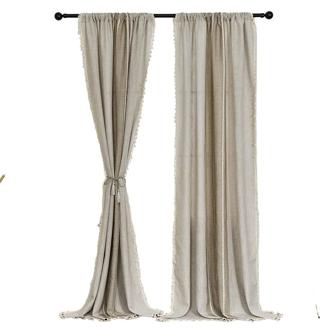 Amidoudou Cotton Linen Boho, Farmhouse Curtains w/ Tassels 2 x 54 x 96