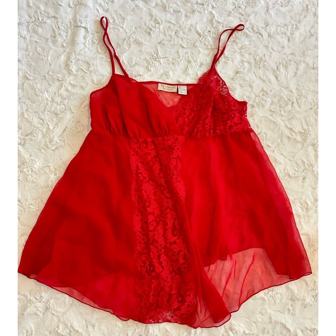 Vintage Victoria’s Secret Gold Label Red Babydoll Slip Chemise Lingerie L Y2K