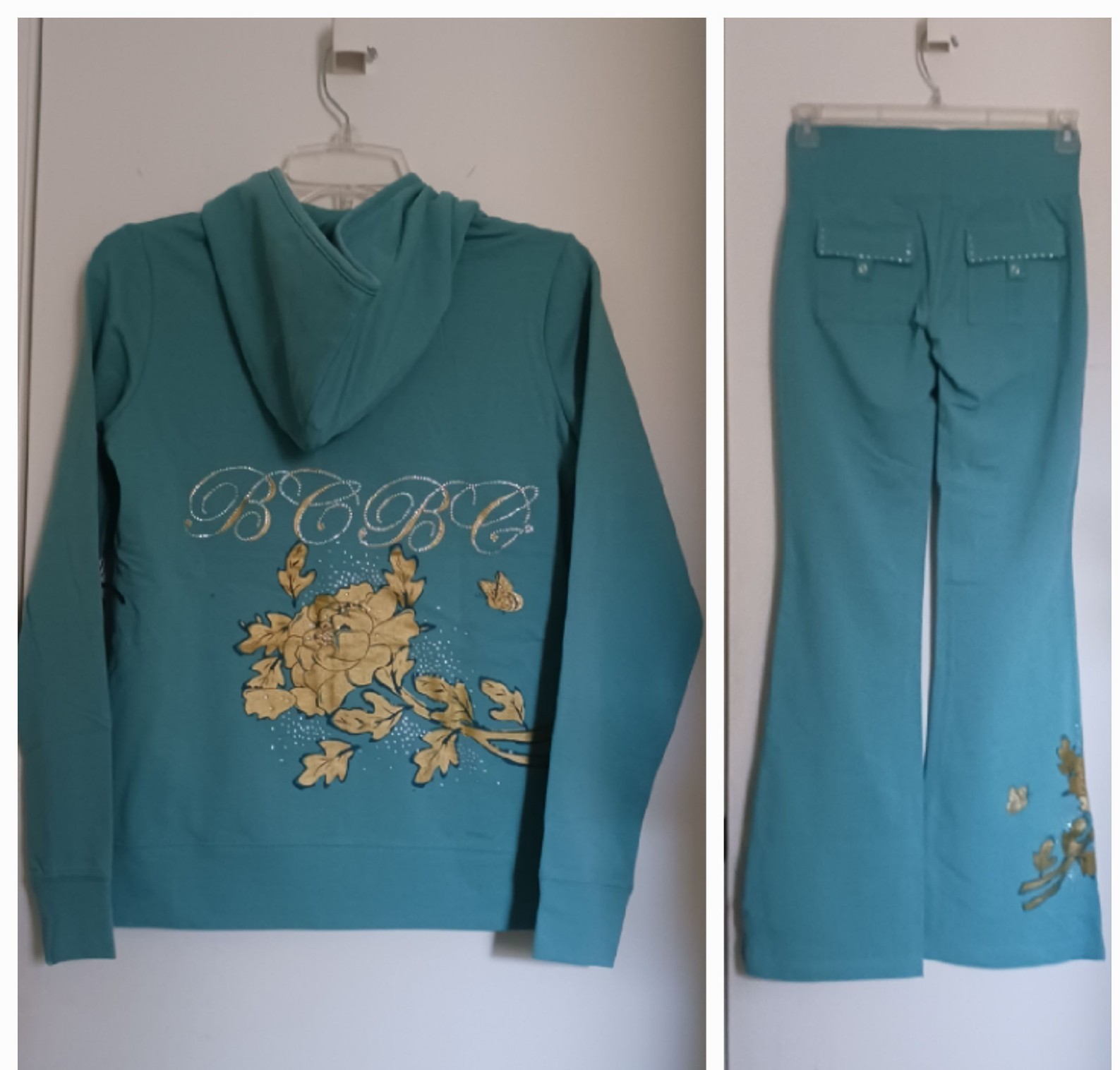 BCBG Maxazria Sky Blue W/ GoldButterflies Full-Zip Hoodie & Pants Tracksuit L