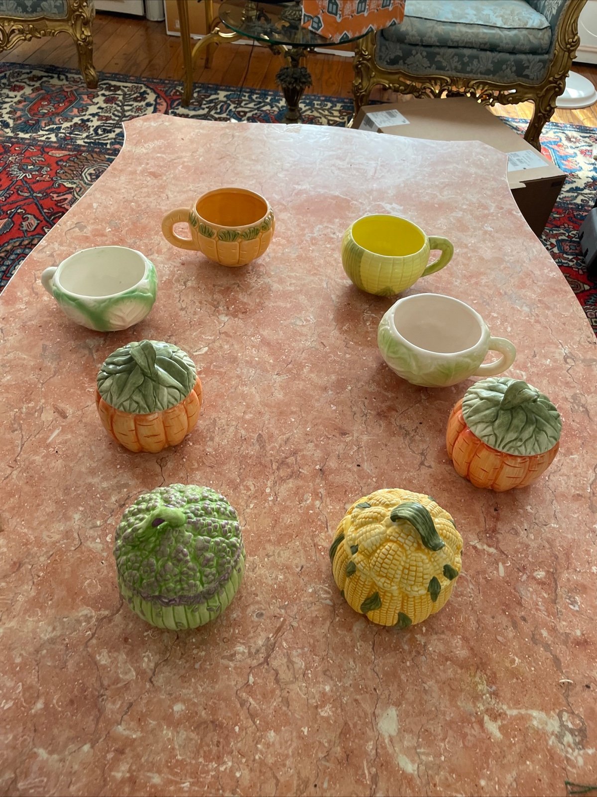 set of ceramic fruits and vegetable bowls with covers