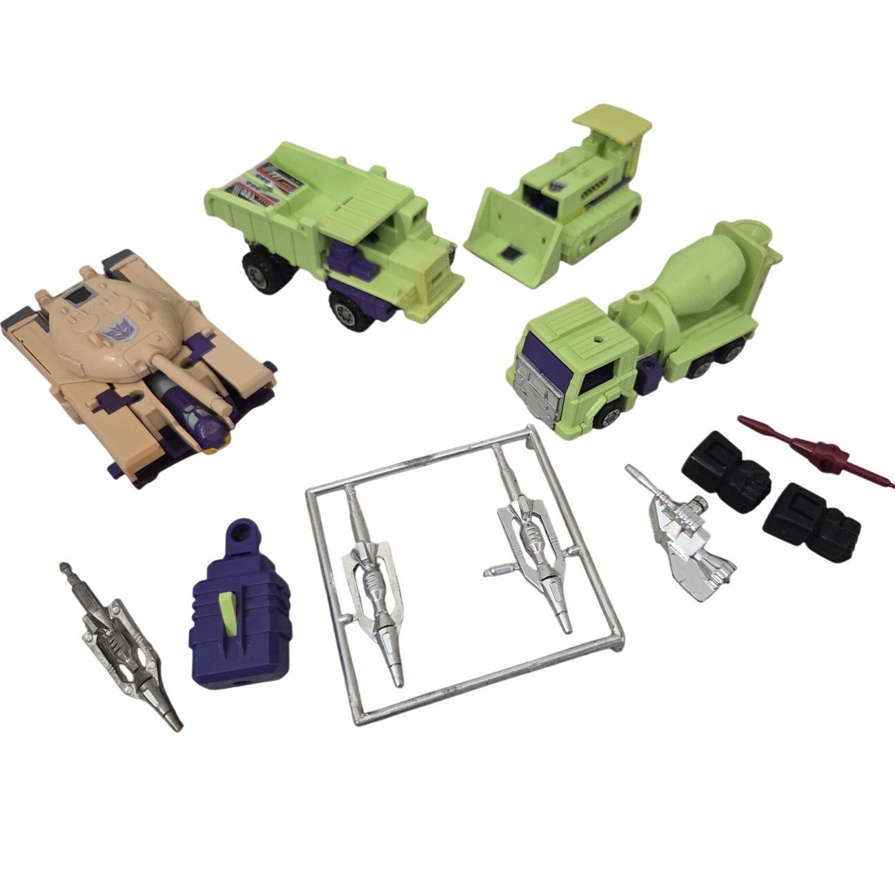 Lot 4 Vtg G1 Transformers Devastator Constructions 1984 Japan Green Dump Truck