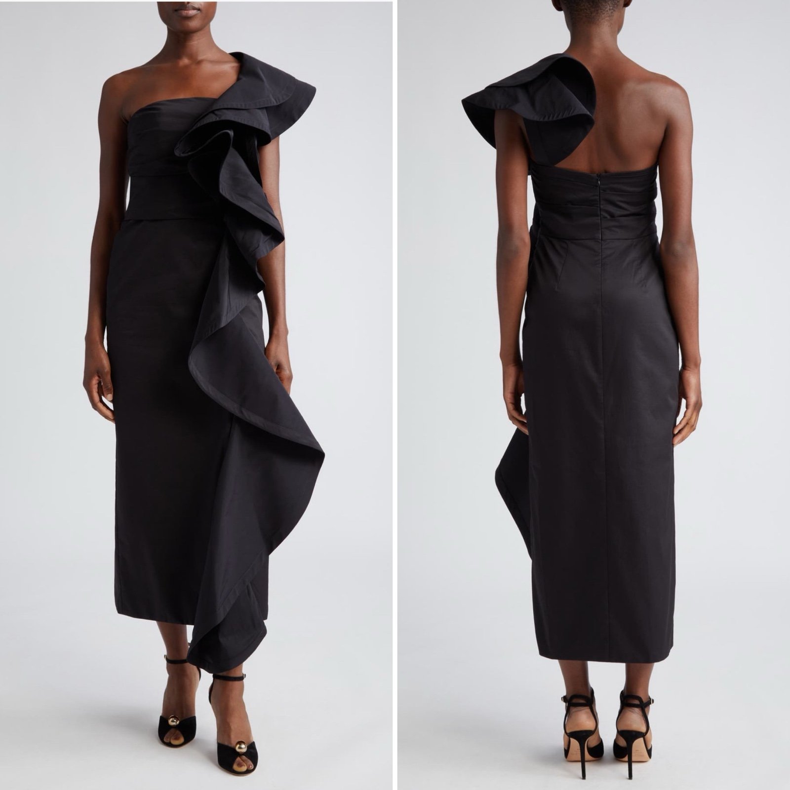 Johanna Ortiz Rosette One Shoulder Ruffle Cotton Midi Dress Black Sz 10 NWT
