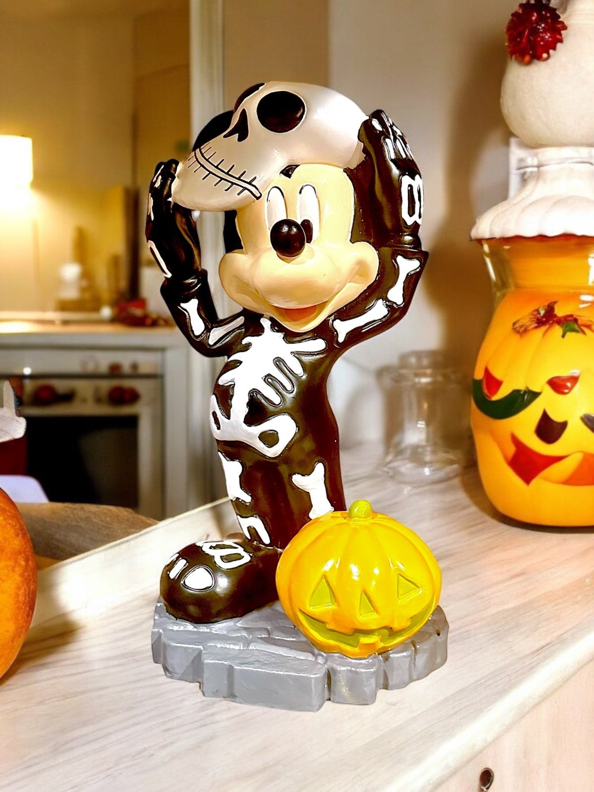 Disney Halloween MICKEY MOUSE SKELETON COSTUME with Pumpkin 13” Figurine NEW