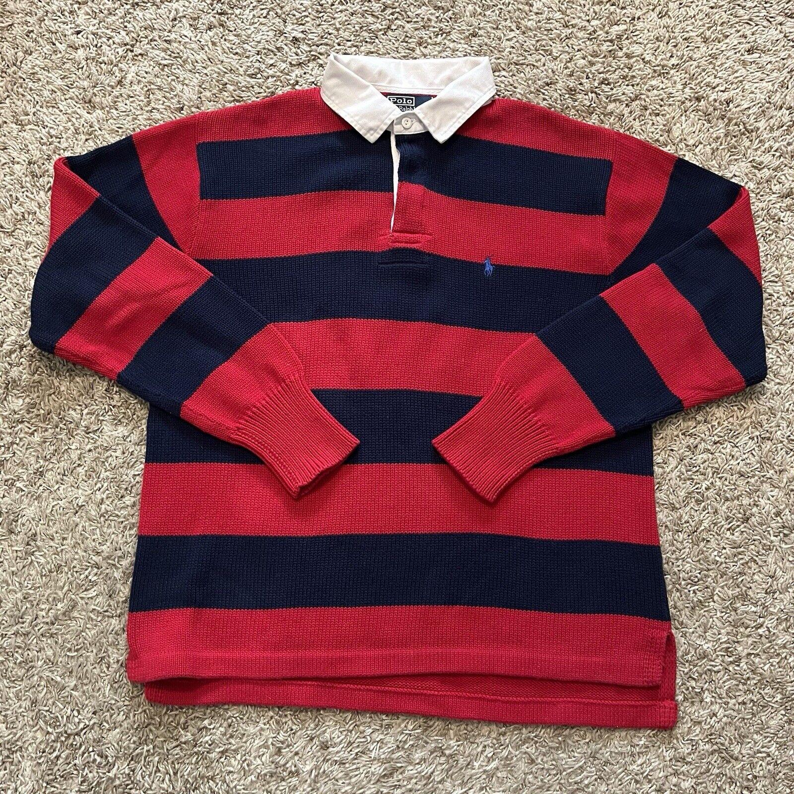 Vintage Polo Ralph Lauren Heavy Knit Striped Rugby Collared Sweater Large