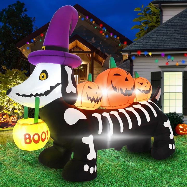 5 FT Halloween Inflatables Outdoor Decorations, Skeleton Dog and Three Pumpkins
