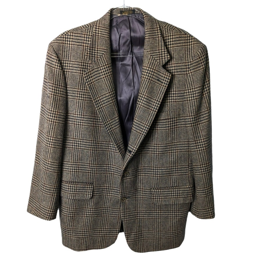 Vintage 80's Eddie Bauer Wool Herringbone Blazer 3 Button Lambswool Neck Tab 41R