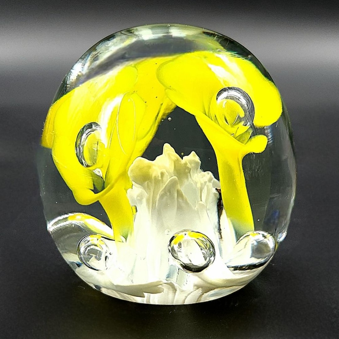 Vintage St. Claire Paperweight Yellow Flowers White Center and Controlled Bubble