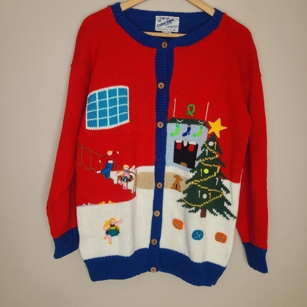 Vintage Cotton Salsa Multicolored Christmas Morning Holiday 3D Cardigan Sweater