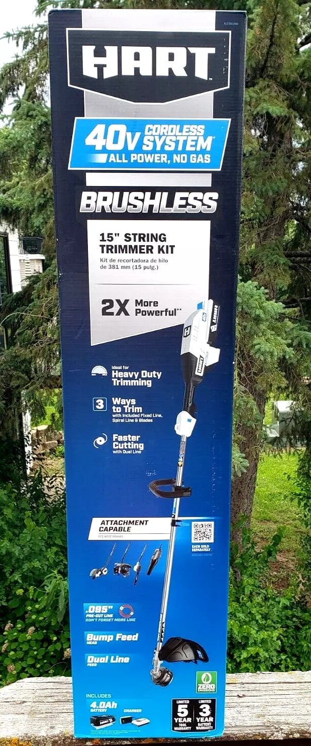 HART 40-Volt Cordless 15 Brushless Attach. Capable String Trimmer + Battery Kit