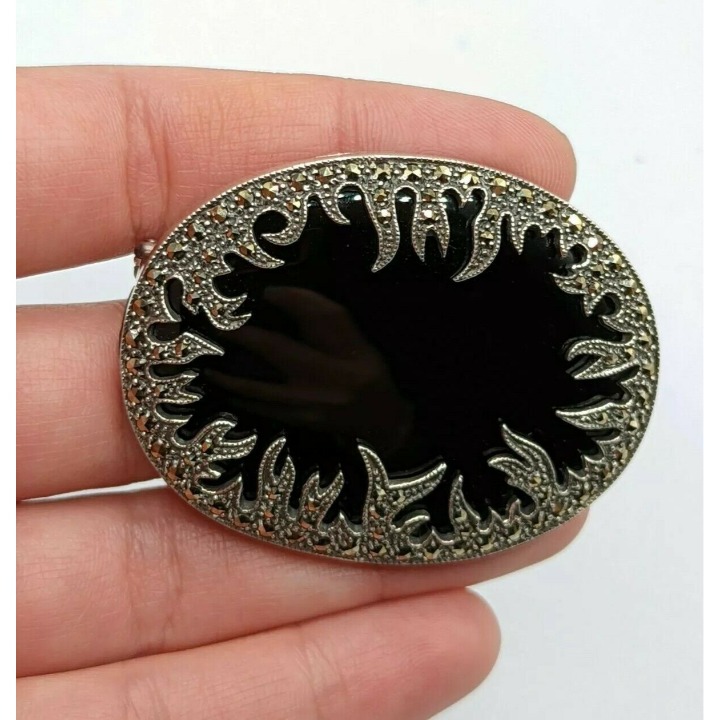 Large Oval Black Onyx Marcasite Flame Border Design Brooch Pin