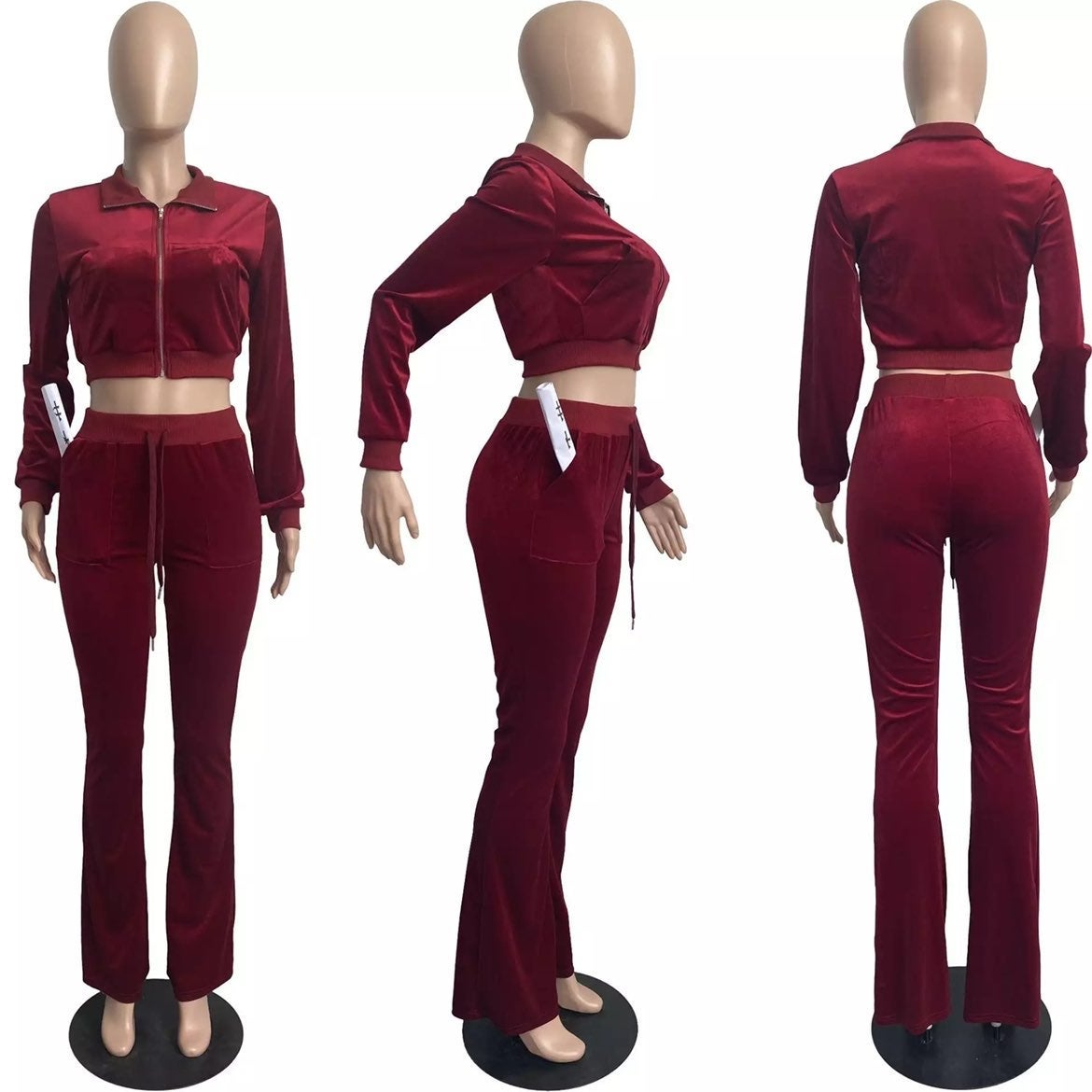 Women’s Two-piece Velvet Flare Sweatsuit - Red/Burgundy Size L
