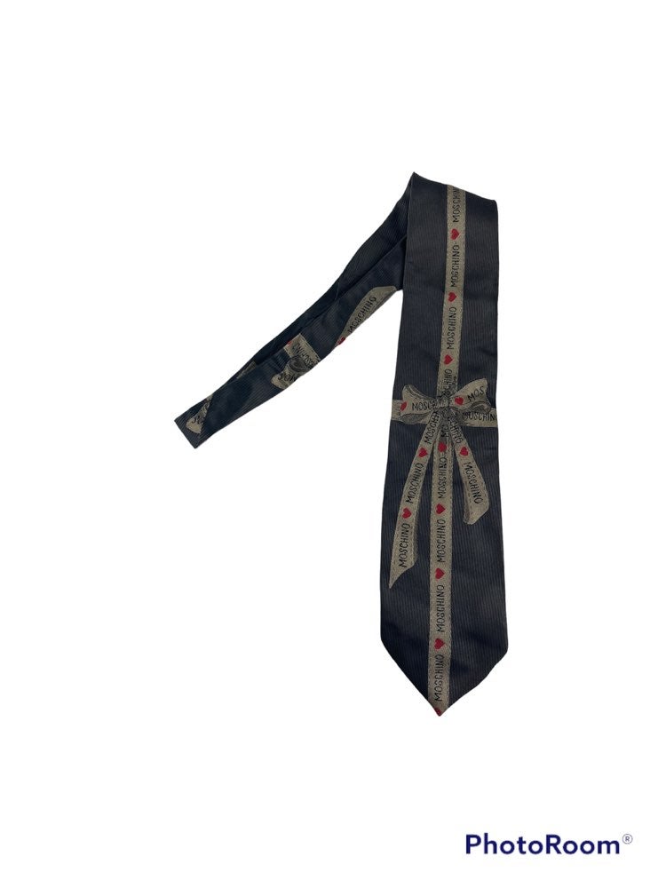 Vintage Moschino Gift Wrap Heart Ribbon Print 100% Silk Neck Tie