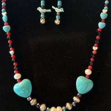 Hearts of turquoise & silver beads with bird fetish earrings