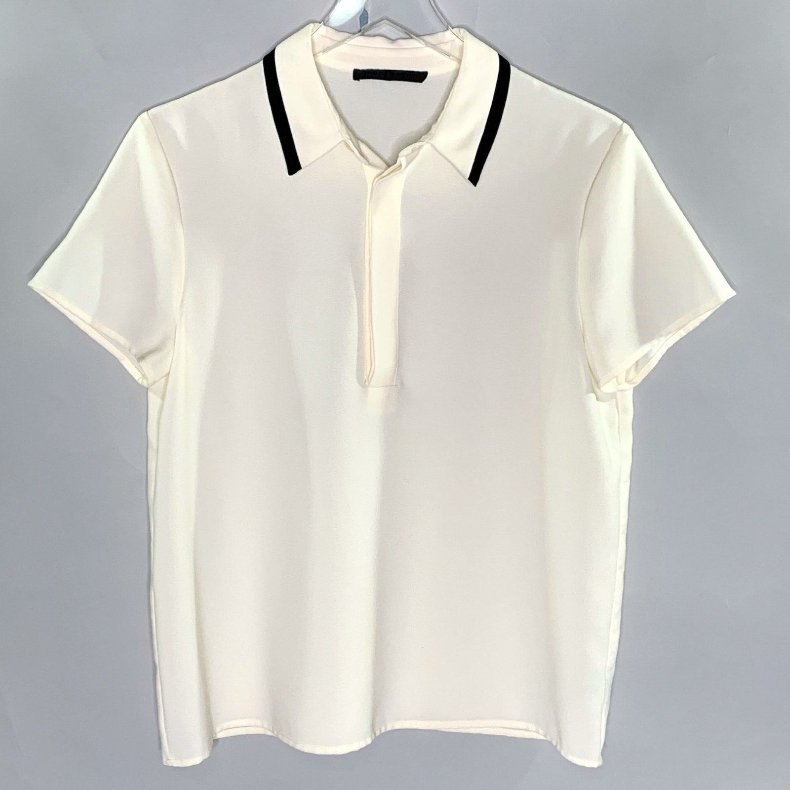 Jenni Kayne M Womens Cream Black Collared Popover Classic Top Quiet Luxury