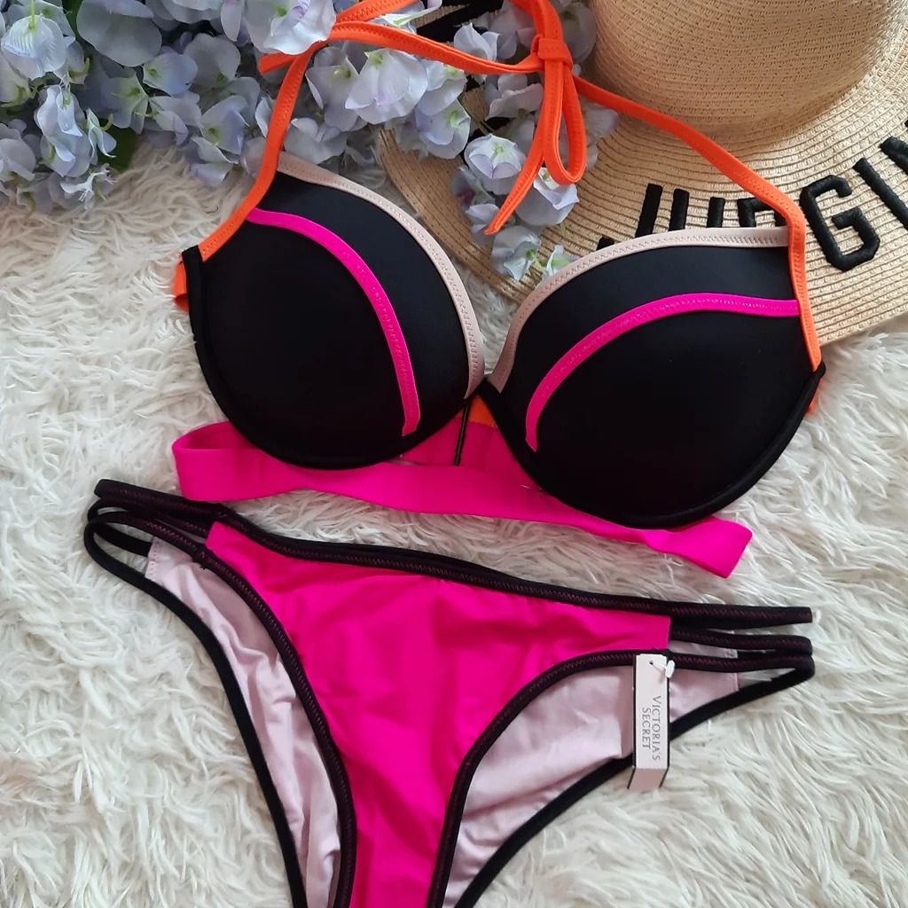 NEW 34C-M VS Banded Colorblock Pushup Top +Swim Bottoms