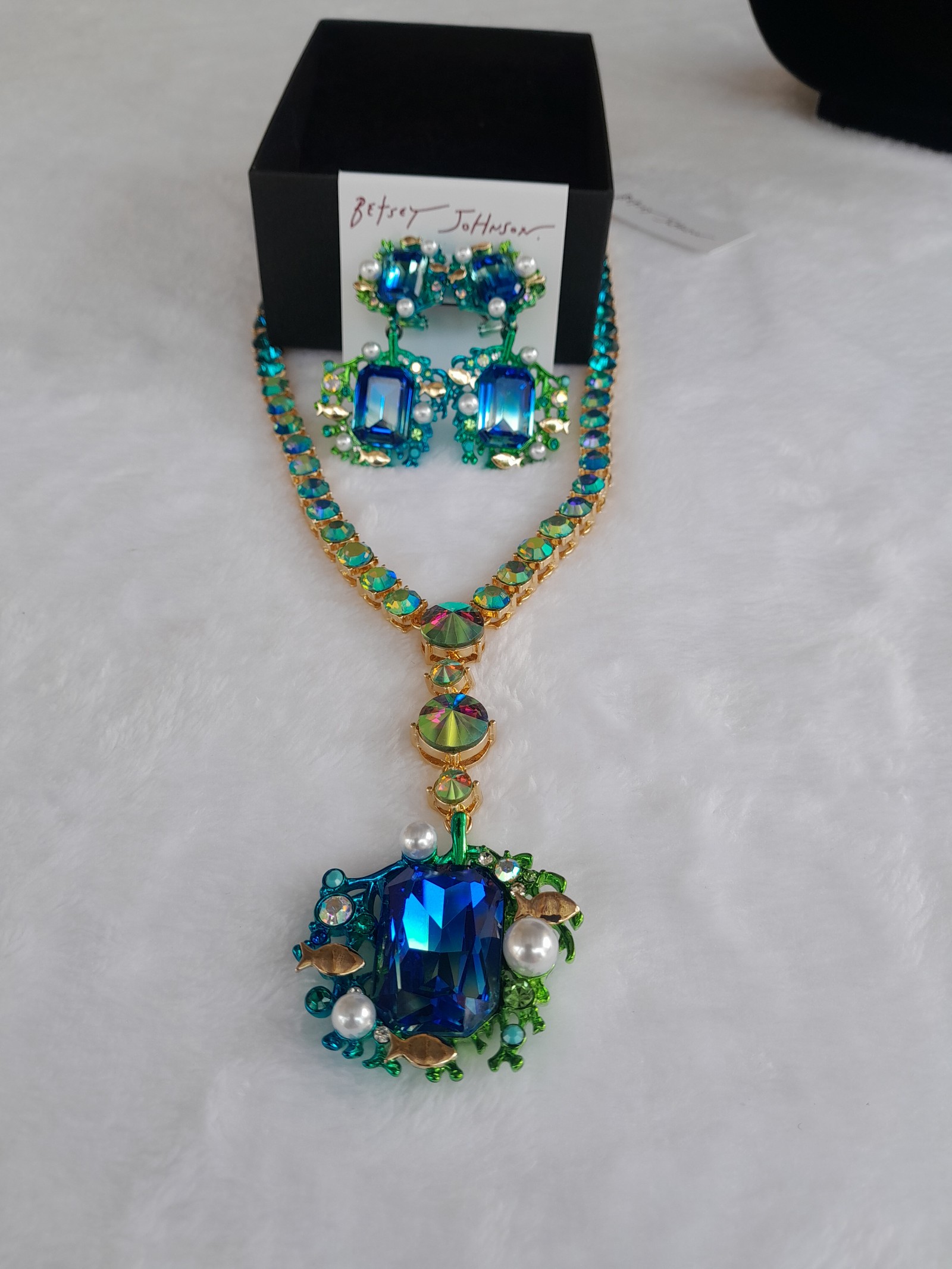 Betsey Johnson Mermaid Jewels Seaweed And Stone Statement Necklace And Earrings