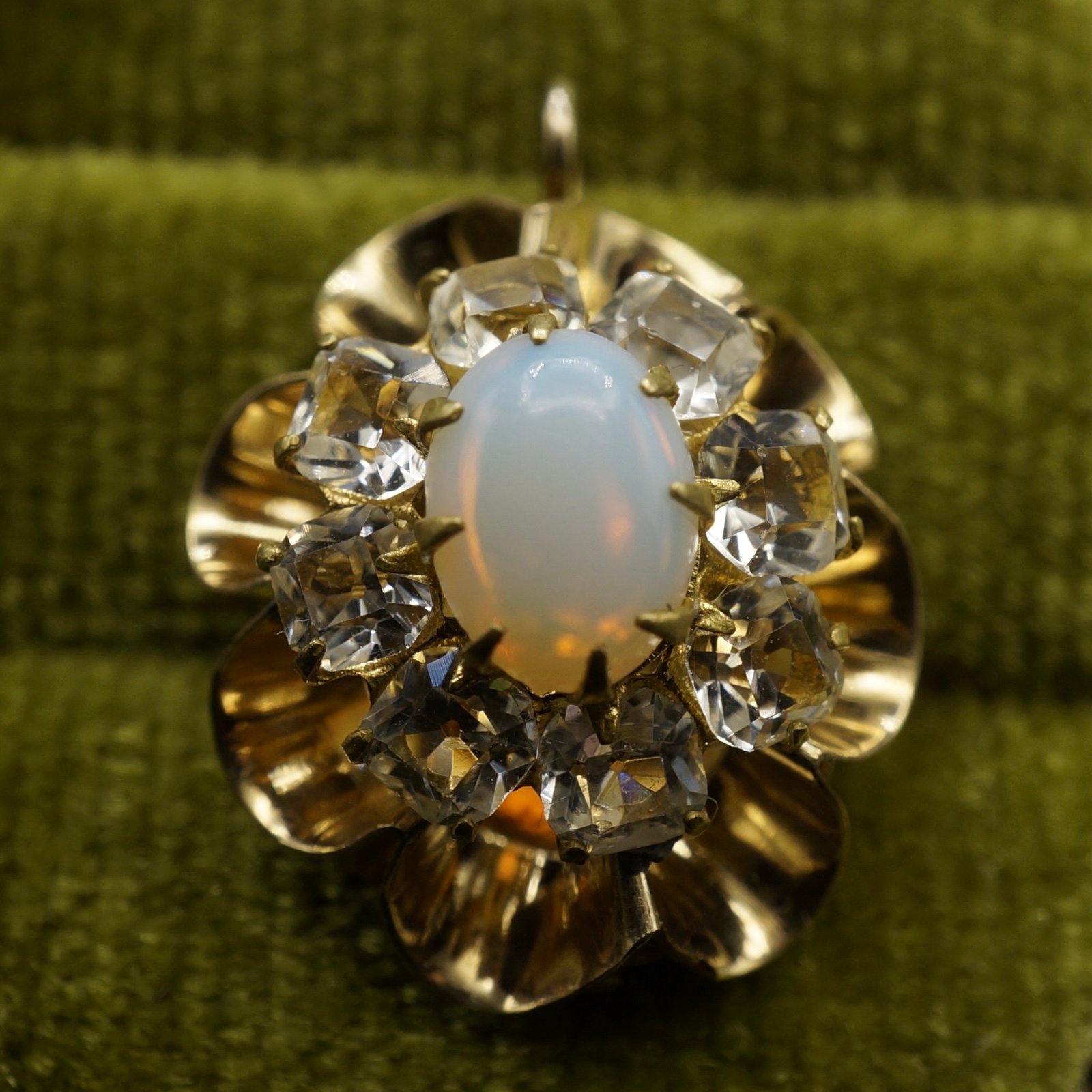 c.1880 Victorian Pendant Faux Opal and Diamond Paste Stones 14k SOLID Gold