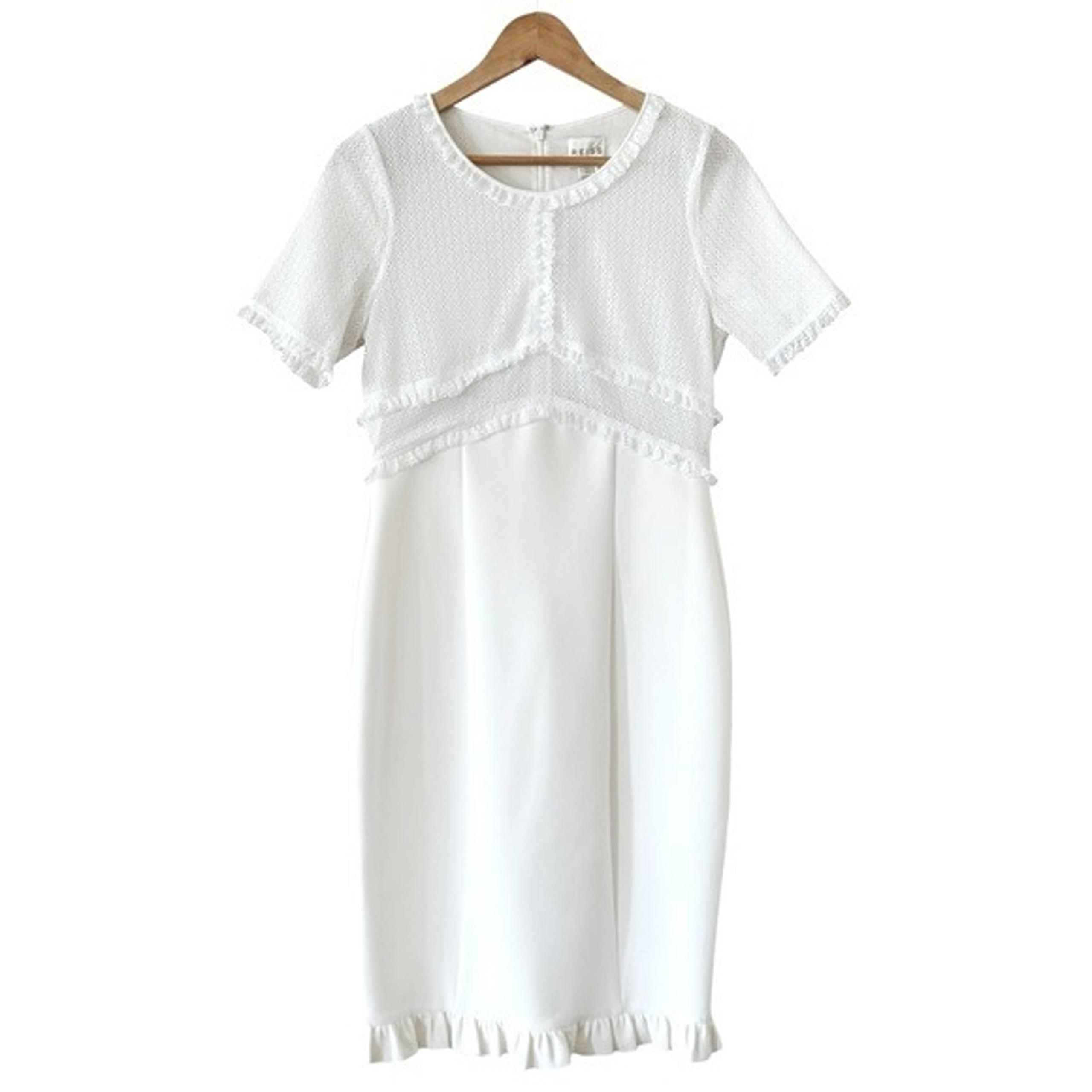 REISS Deis Fitted Lace & Frill Ruffled HemTop Dress White Size 8