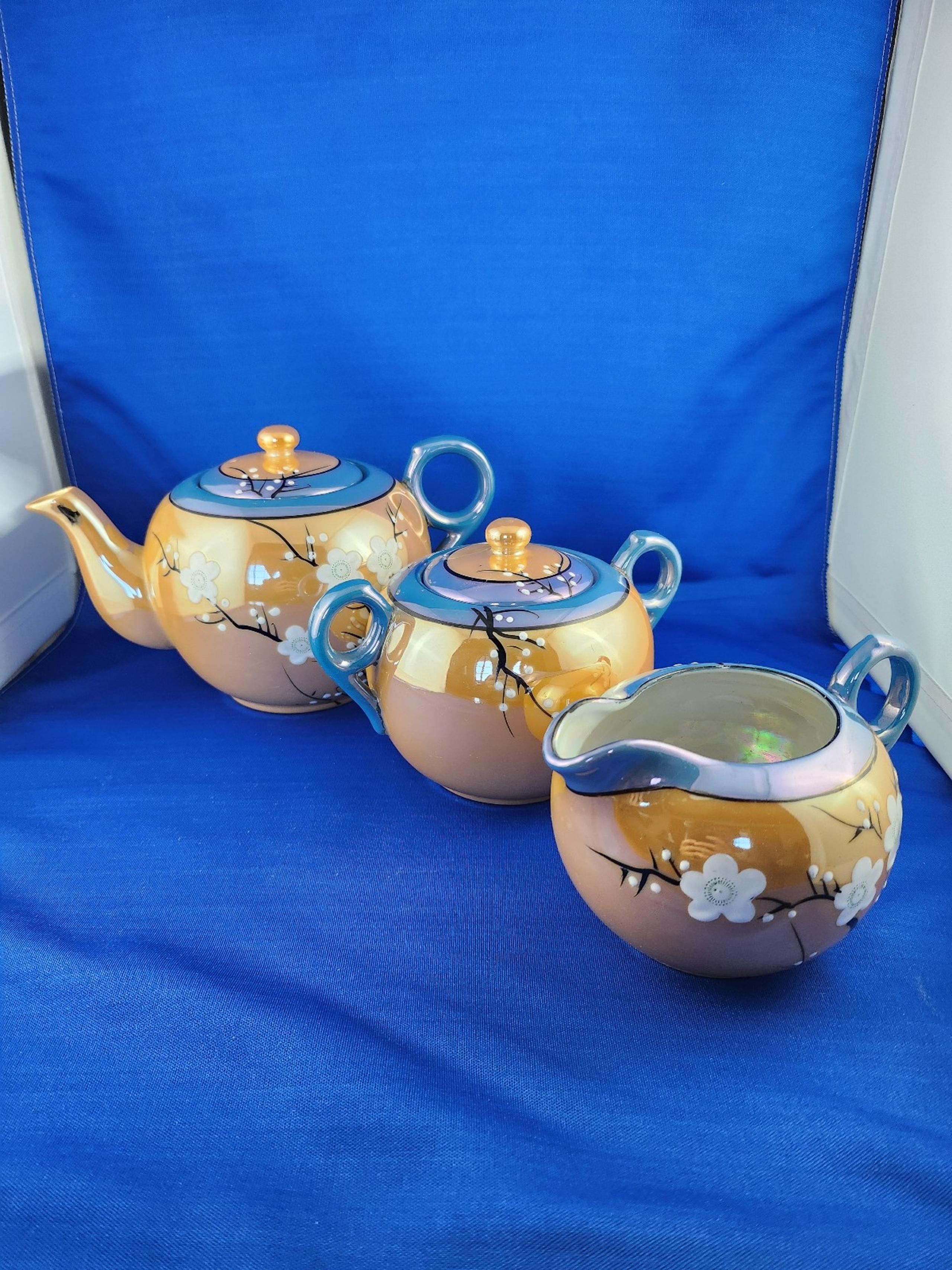 Vintage Lustreware Hand Painted Japanese Tea Set Tea Pot, Sugar, Creamer