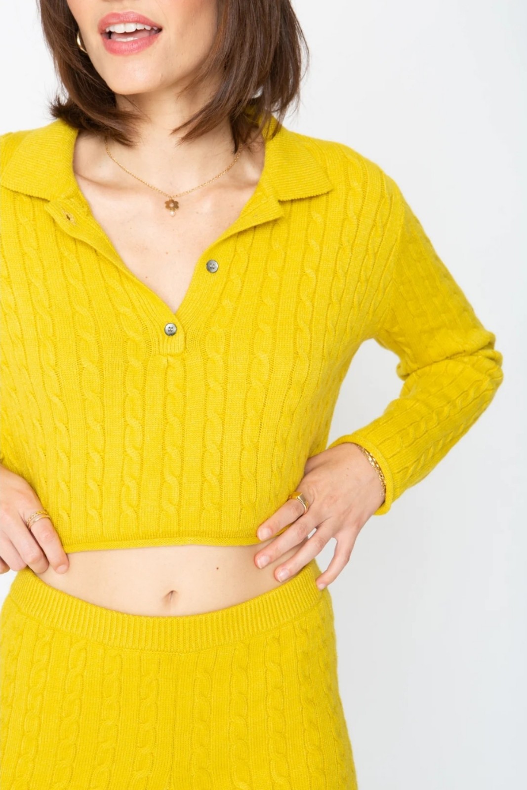 Callahan Cable Knit Long Sleeve Daisy Polo in Dandelion