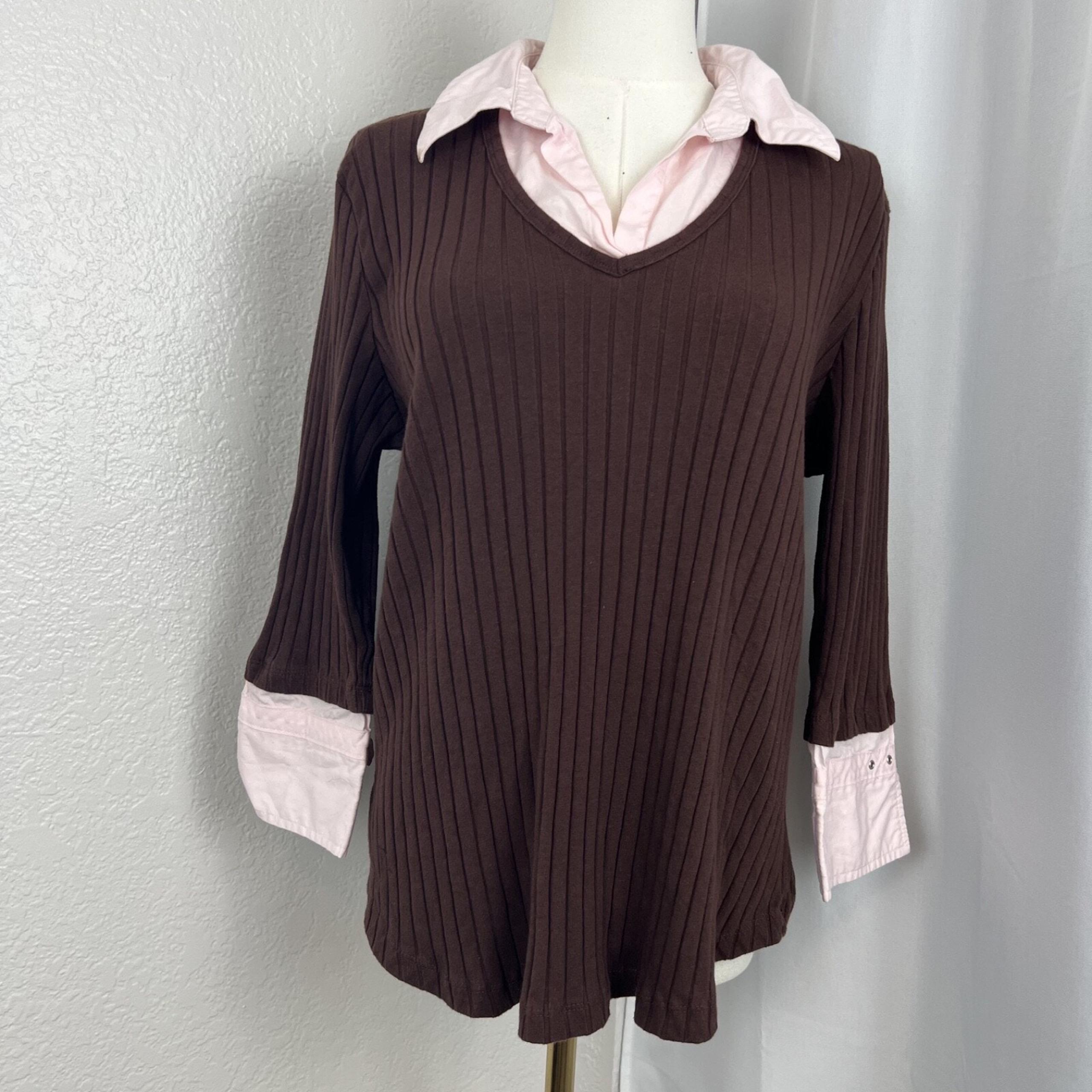 VTG Anxiety Top Womens 1X Brown Pink Ribbed Knit Soft Girl Academia Y2K Preppy
