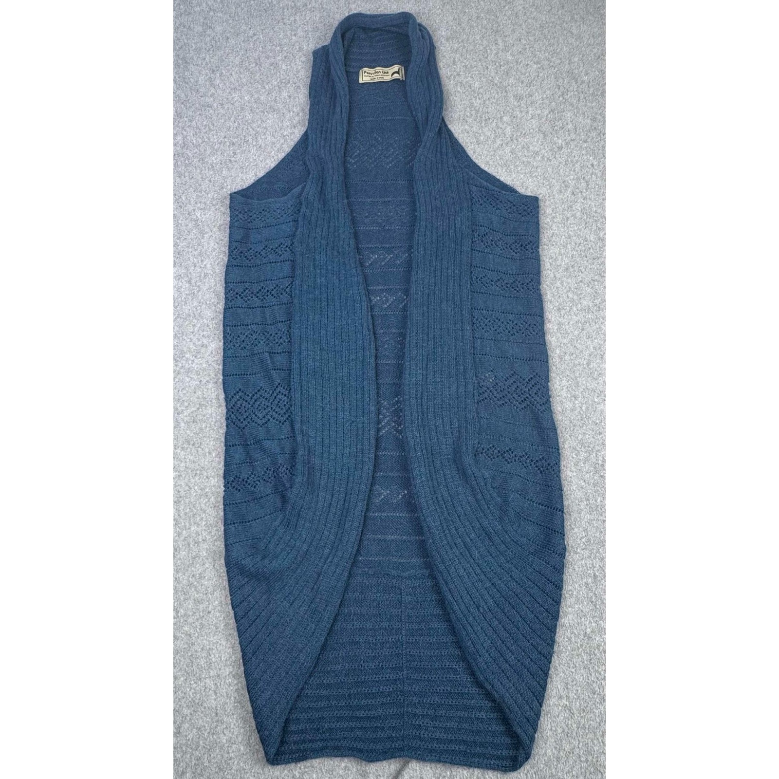 Peruvian Link Waterfall Cardigan Vest Womens Blue Open Front Alpaca Sweater READ