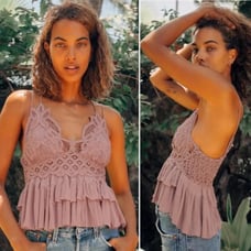 NWT Free People Adella Cami Pink Mauve Lace Cropped Tiered Hem boho Tank Medium