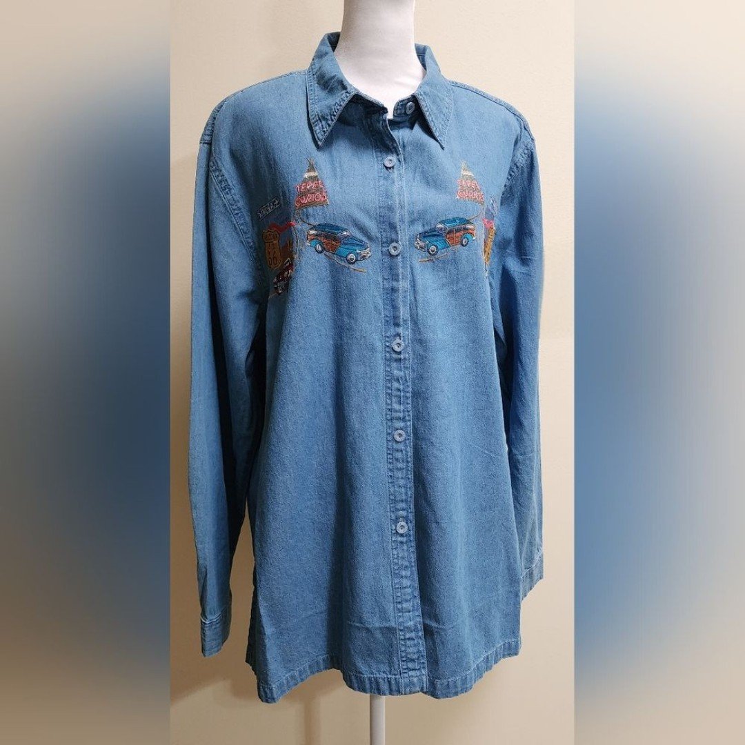 NEW Vintage Route 66 Embroidered Denim Chambray Shirt Women's Size XL