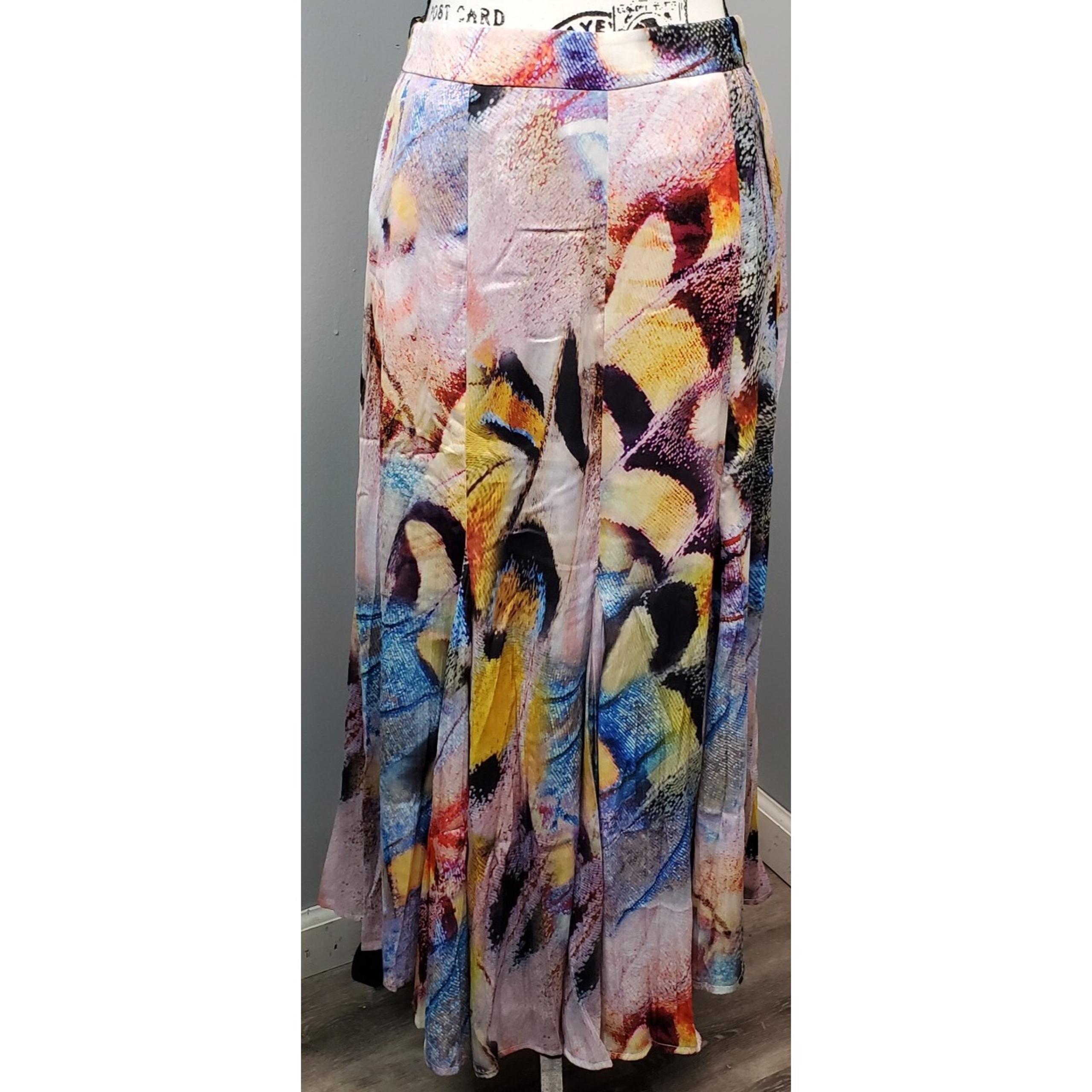 Anthropologie Maxi Skirt Women's 6 Multi Watercolor Art Lined Swing Hem Side Zip