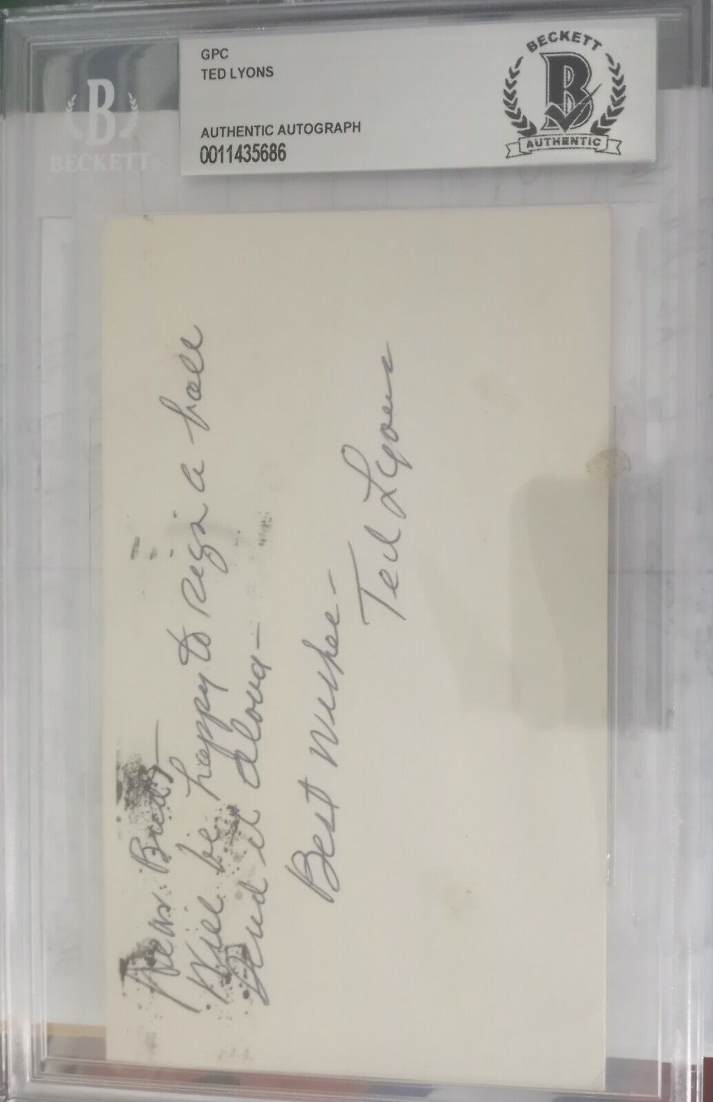 Ted Lyons Autographed Signed Envelope- BECKETT AUTHENTICATED ENCASED BAS