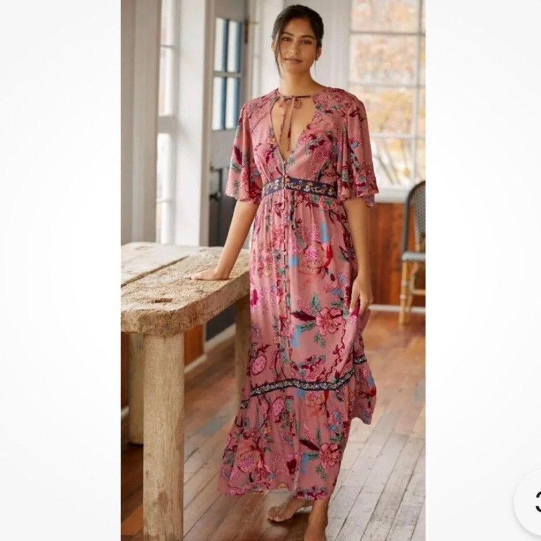Anthropologie Pink Floral Wrap Tie Front Maxi Dress 2X new with tags (251)
