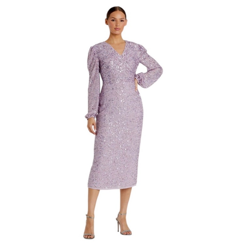 Mac Duggal Lavendar Sequined Illusion Puff Sleeve V Neck Midi Dress 107641 6 NEW