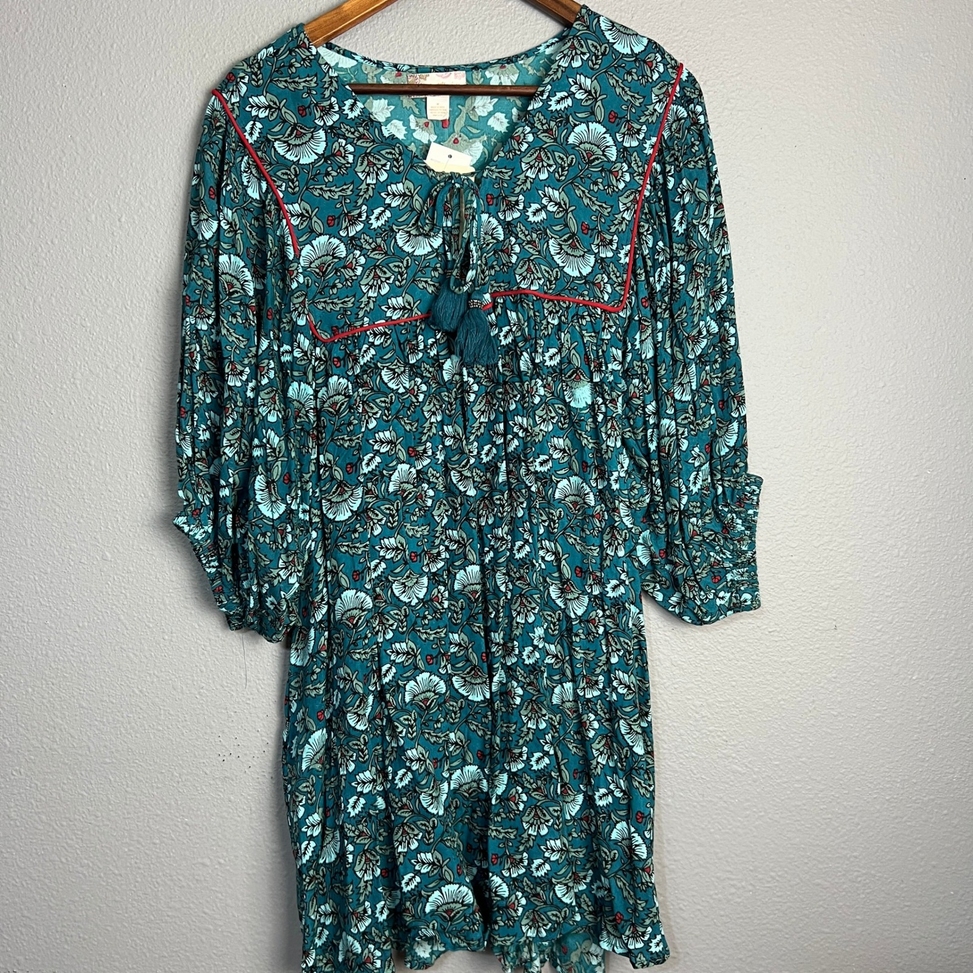 Band of the Free Mallory Teal Floral Babydoll Dress Tassel Tie Neck Pockets M