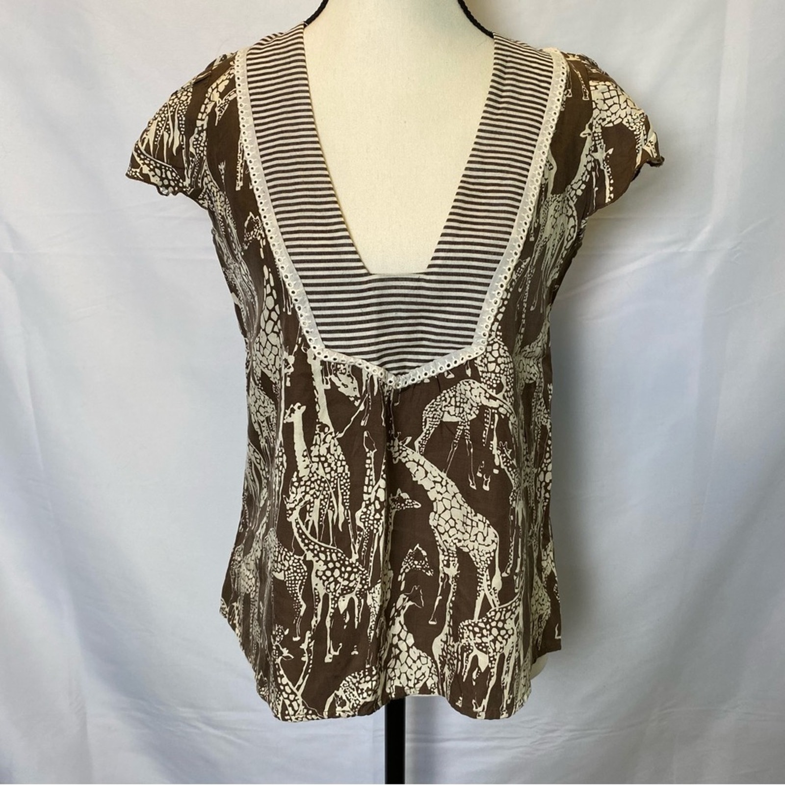 Corey Lynn Calter Anthropologie Giraffe Print Striped V-Neck Short Sleeve Blouse