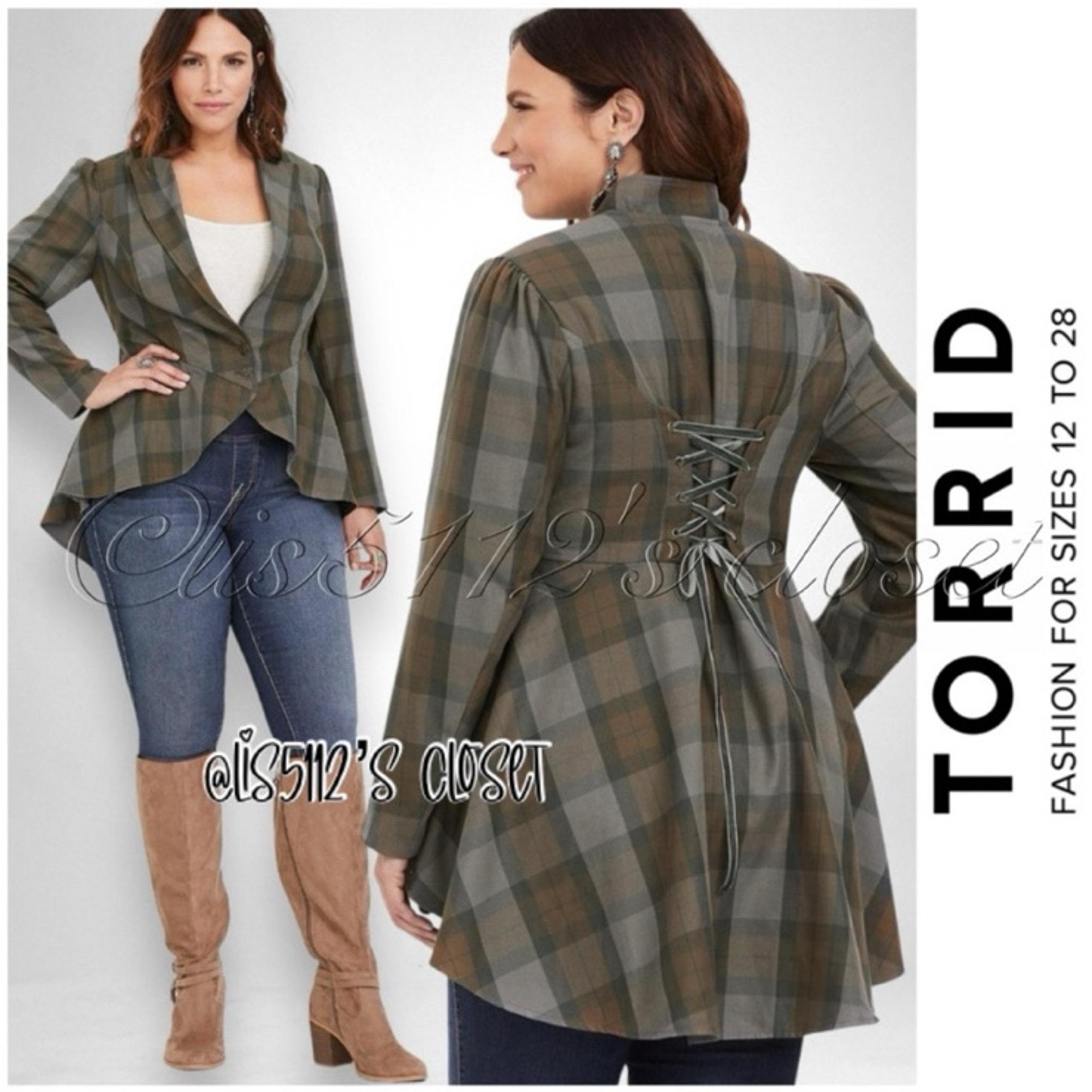 Torrid Outlander Green Plaid Lace-Up Back Corset Blazer Peacoat Jacket 2X 18 20