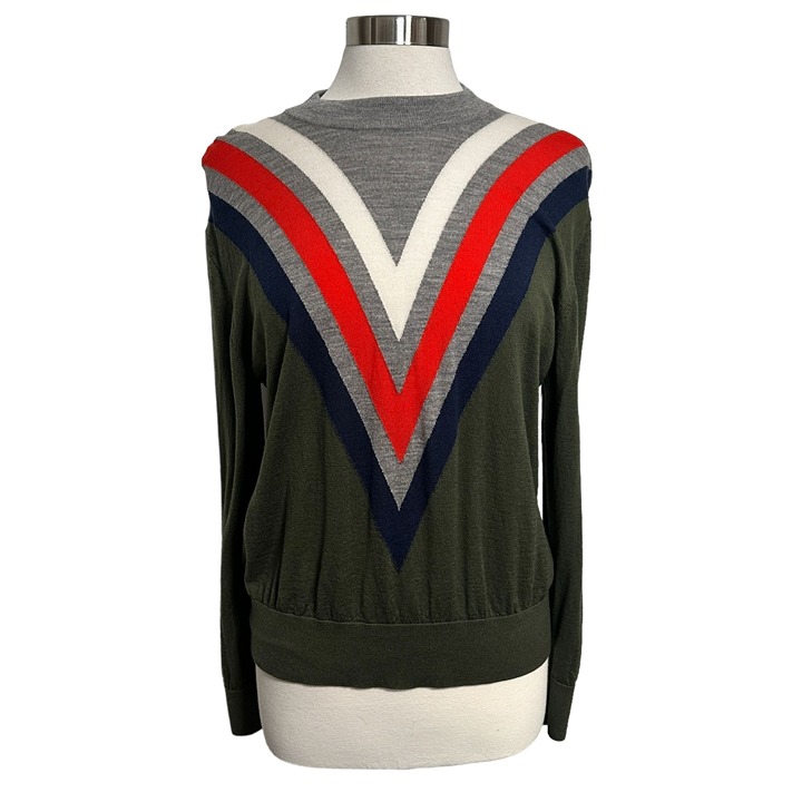 G/Fore Golf Womens Large Green Striped 100% Wool Lightweight Pullover V-Neck Swe