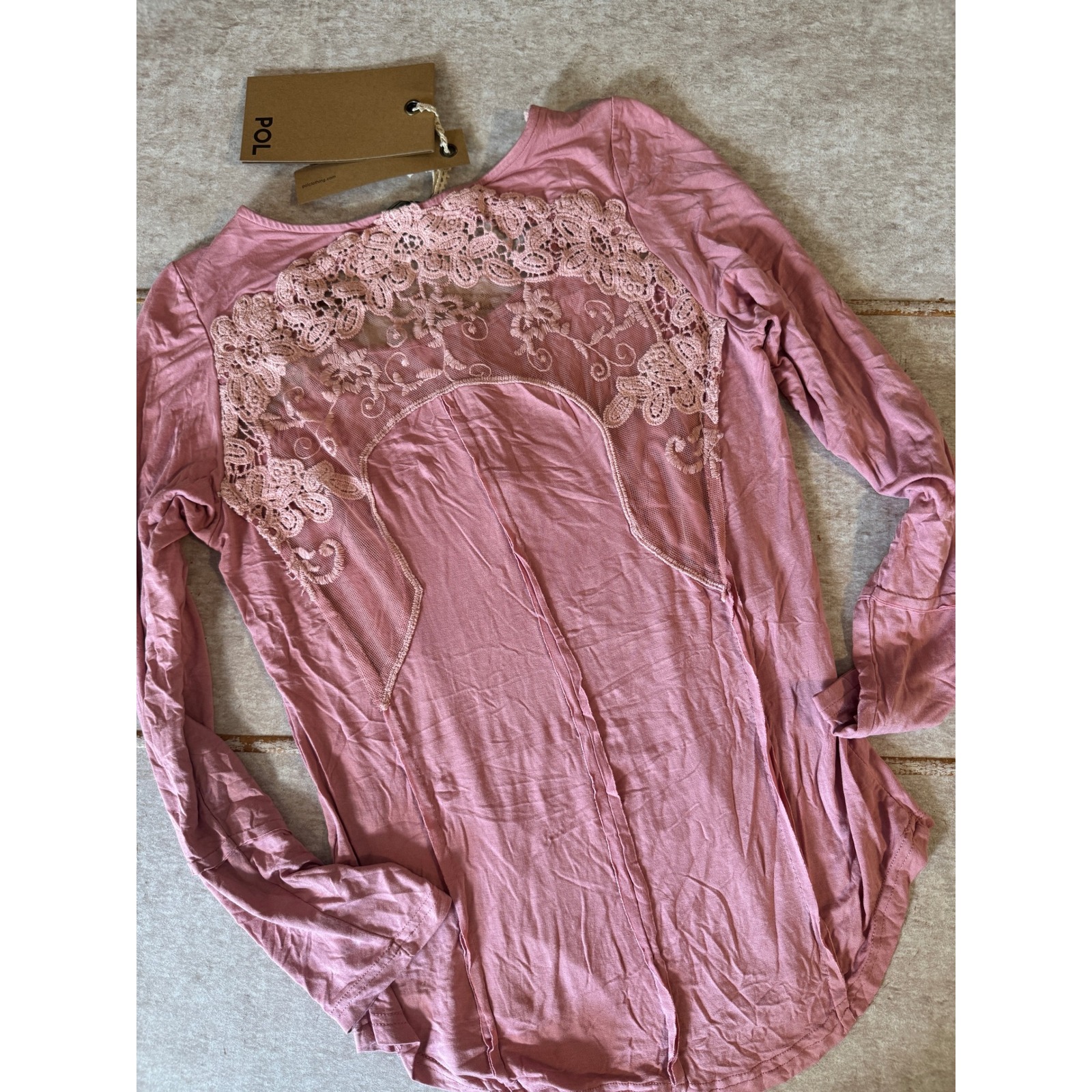 POL Dusty Rose Lace Back Long Sleeve Henley Top Small NWT Boho Lace Soft Romance