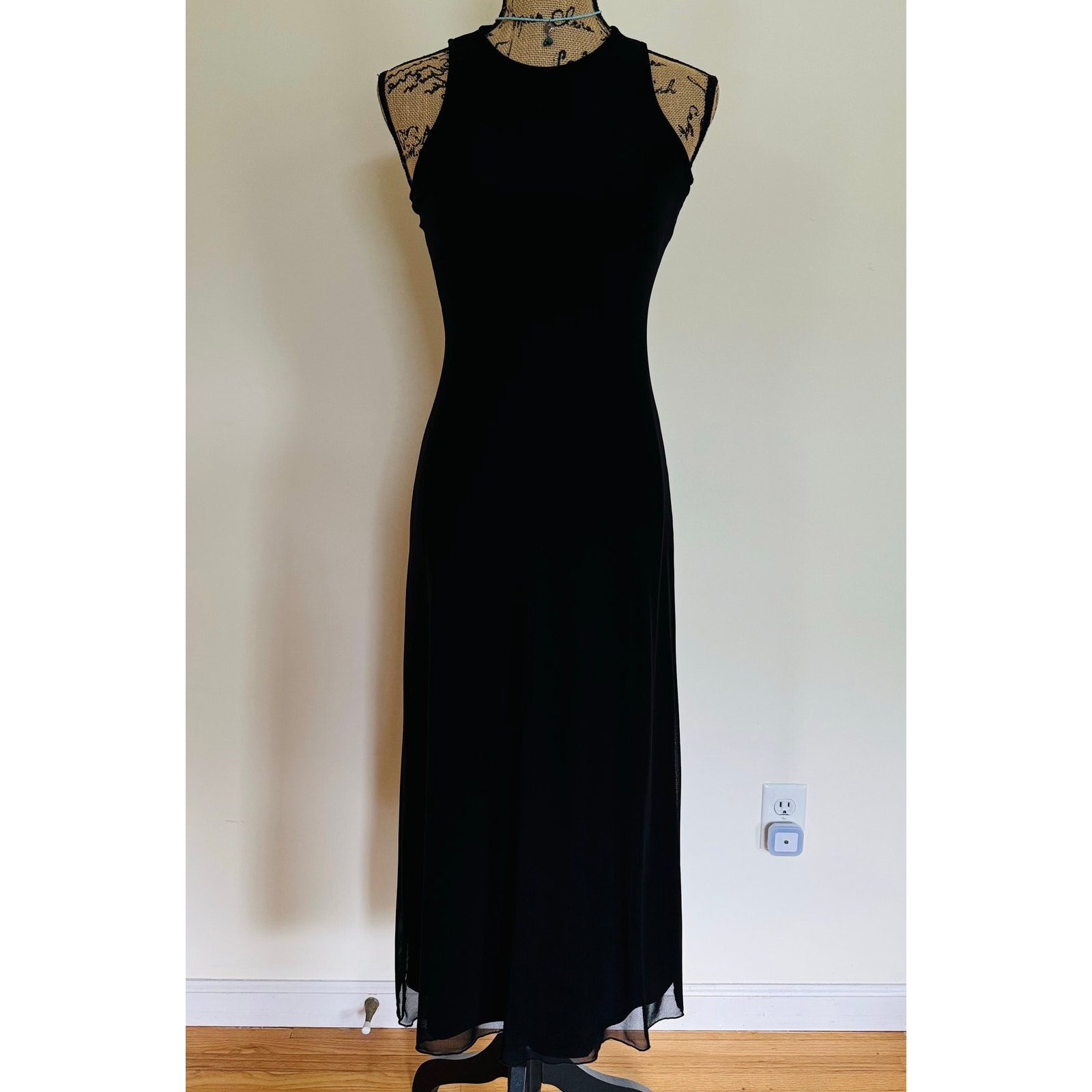 bebe womens black hi neck sleeveless bodycon sheer lined maxi dress USA Made XS