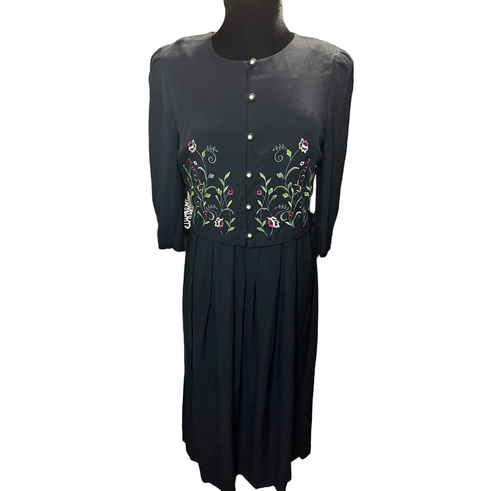 Vintage 90s Periwinkle Black floral Maxi Tie Back Embroidery Boho Dress Large 12