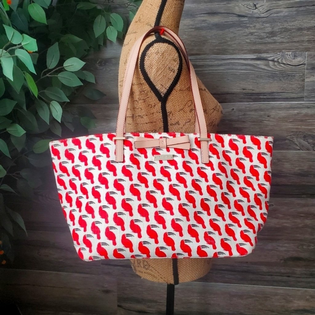 Rare Kate Spade 2015 Francis Toucan MULTI LINEN/JUTE MEDIUM WHITE/RED TOTE *