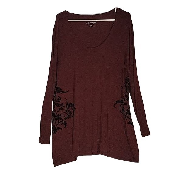SOFT SURROUNDINGS WOMEN'S Tunic Top Maroon Velvet Floral Accents Boho Size PXL