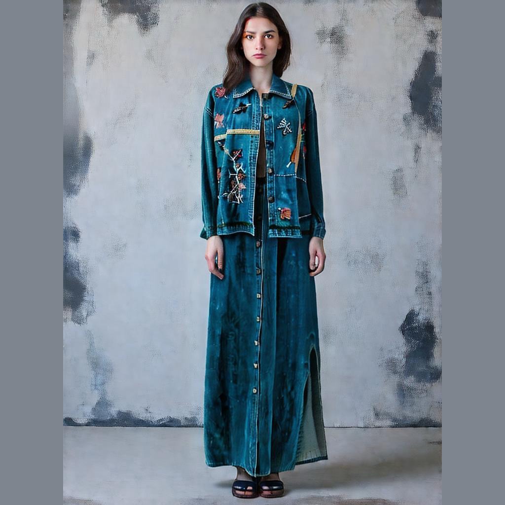 New Direction Vintage Blue Denim Embroidered Cottage Jacket & Midi Dress M