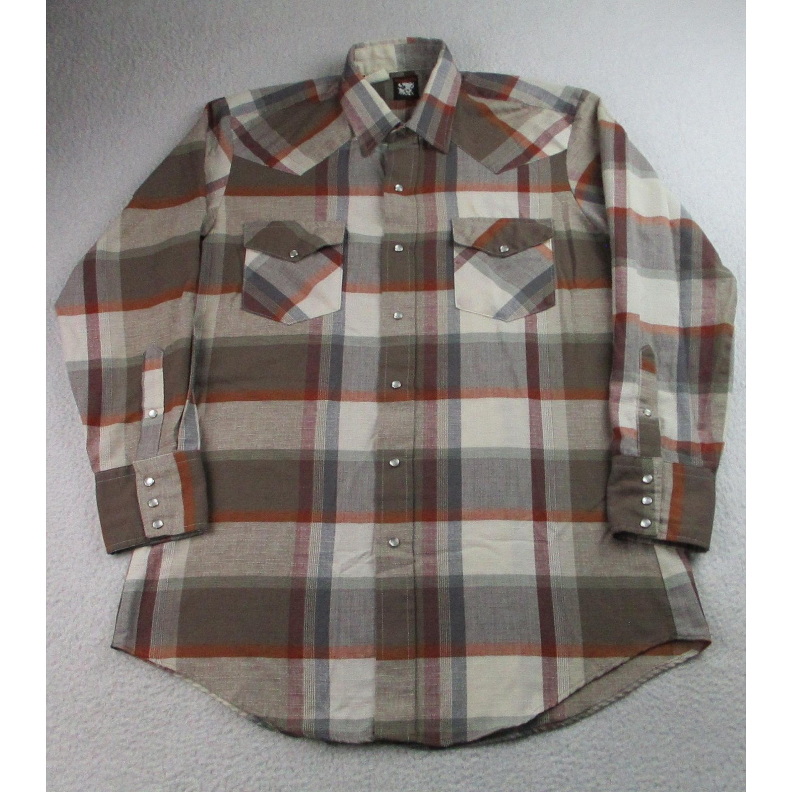Vintage Karman Western Shirt Mens Large Brown Beige Plaid Pearl Snap Cowboy 70s