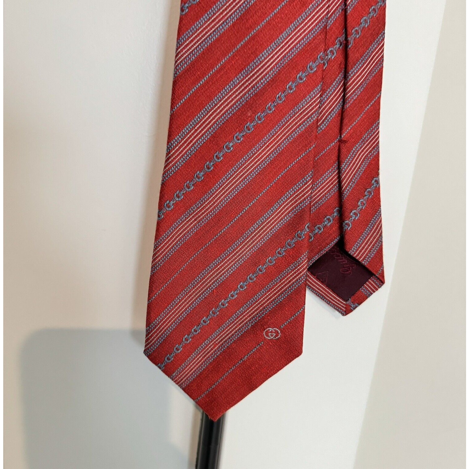 GUCCU Silk Linen Red Blue Stripe Horsebit Men's Tie Necktie Vintage GG Logo