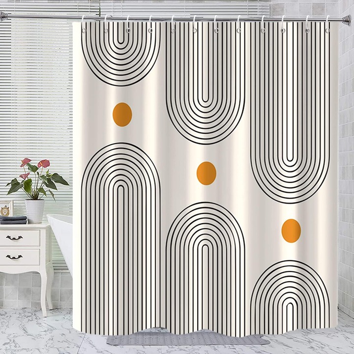 Shower Curtain, Boho Mid Century Minimalist with 12 Hooks 72x72
