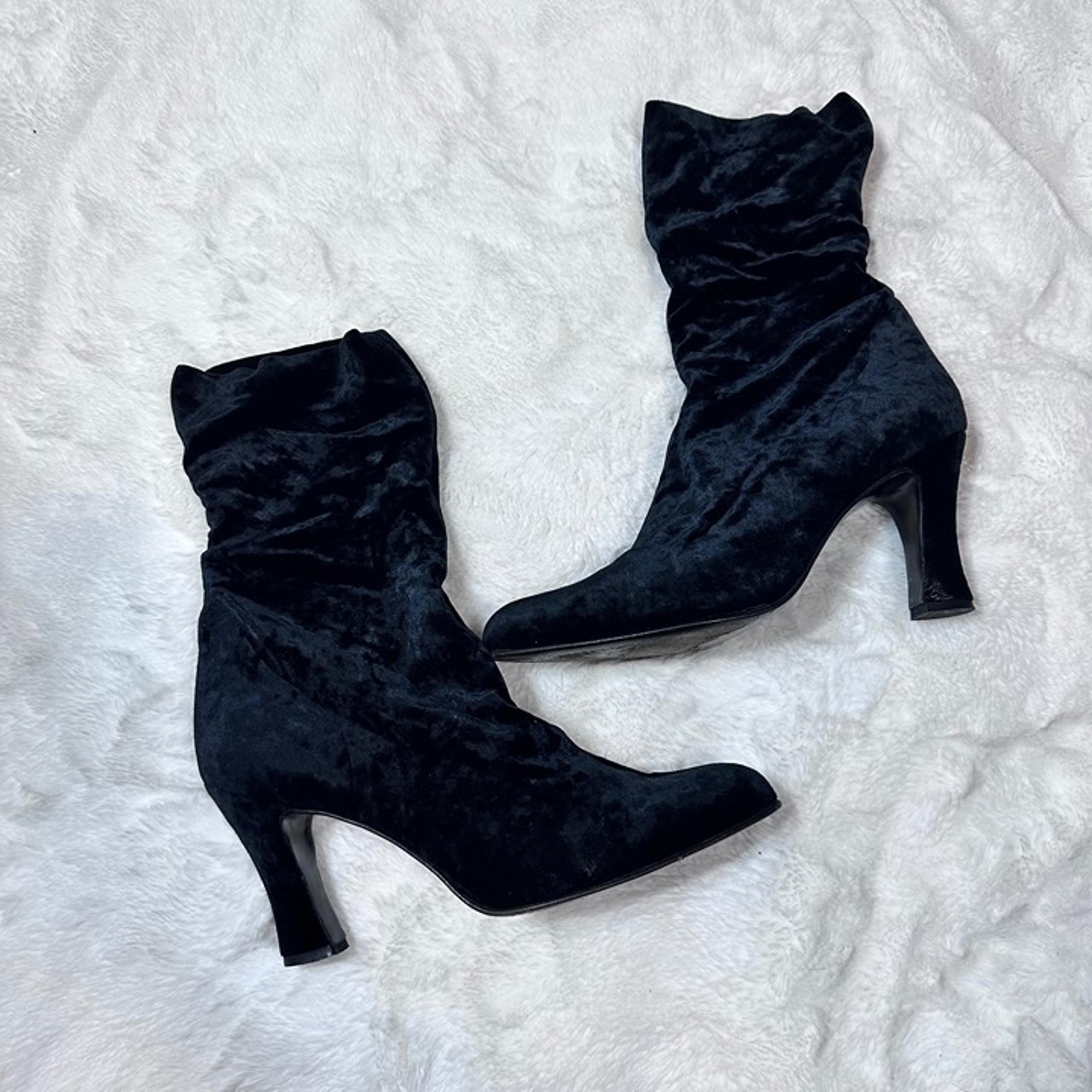 Salvatore Ferragamo Black Velvet Stretch Ankle Pull On Heel Boots Size 10