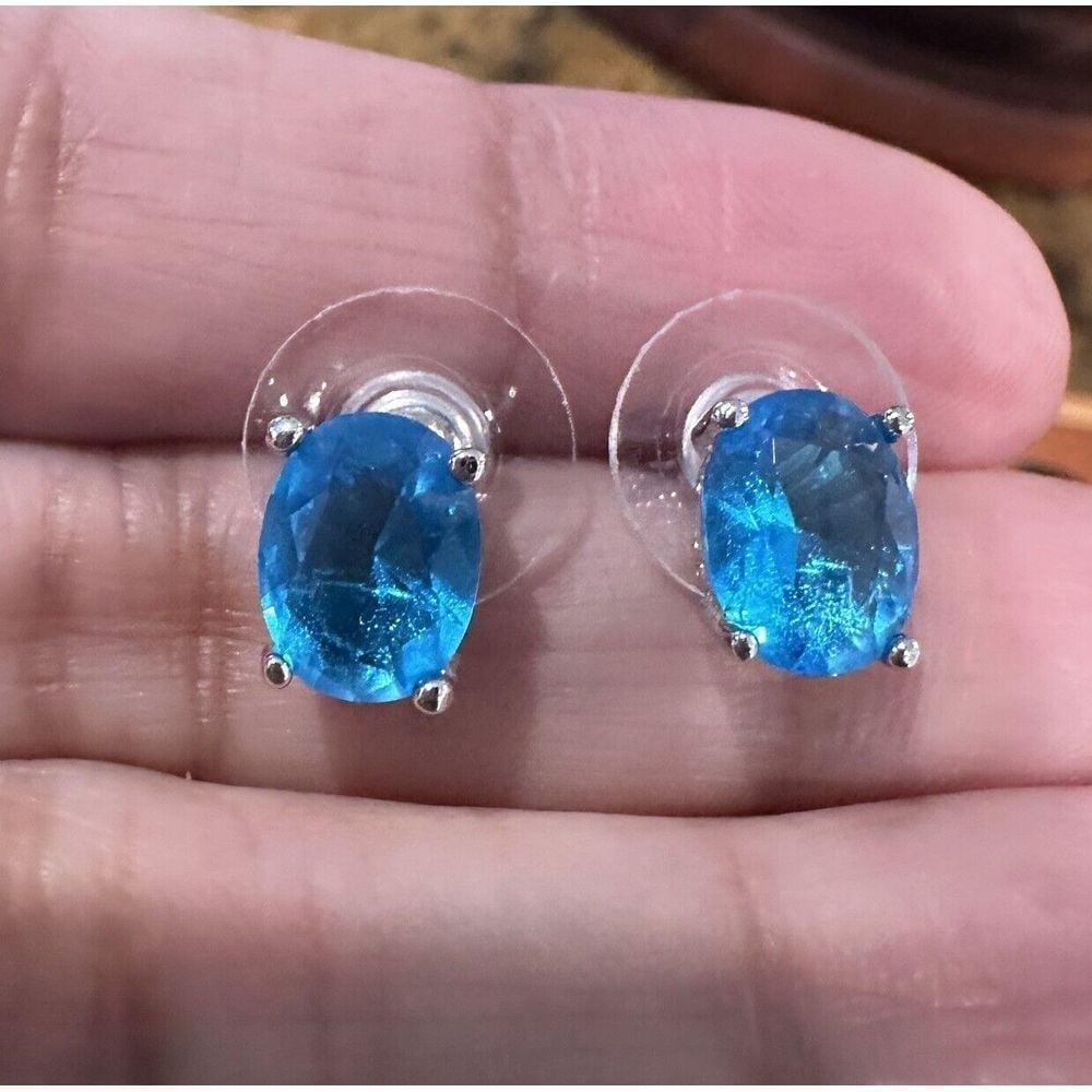 Accent Earrings Studs Blue Lab Topaz Gemstones Oval Stamped 925 Sterling Silver