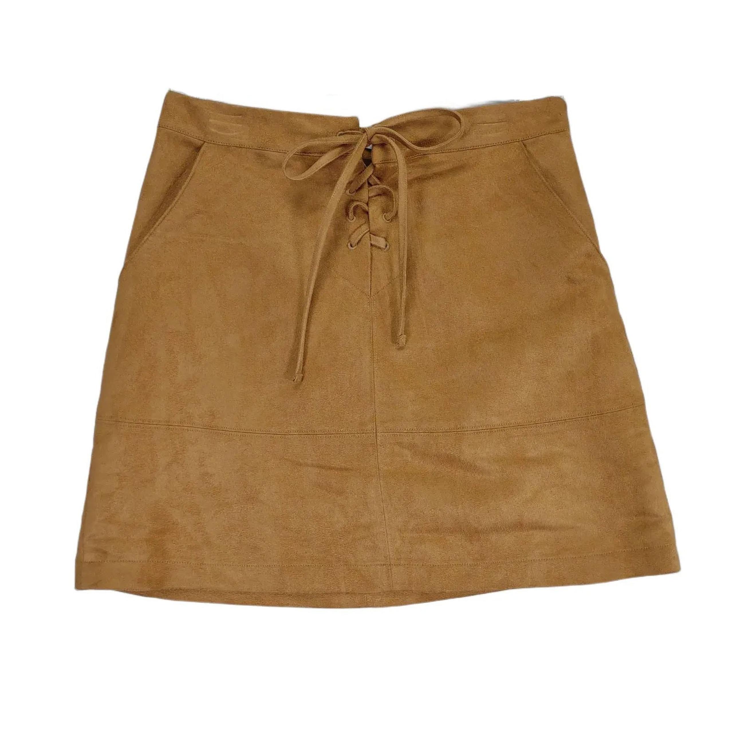 Lauren Conrad Sz 2 Lace-Up Tie Front Tan Faux Suede Mini Skirt Pockets Peasant